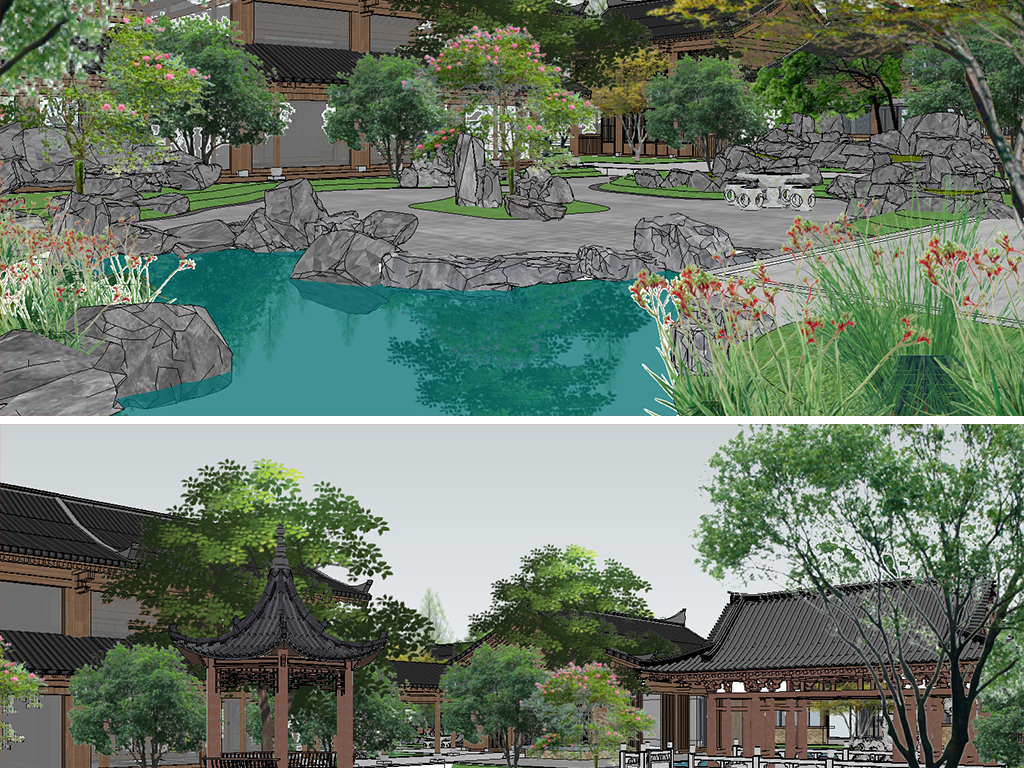 中式湿地别墅度假酒店园林景观SU模型在建筑工程设计中的应用